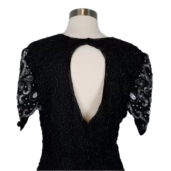Vintage Laurence Kazar 100% Silk Silver & Black Sequin Beaded Dress glam 80’s L - Picture 4 of 13